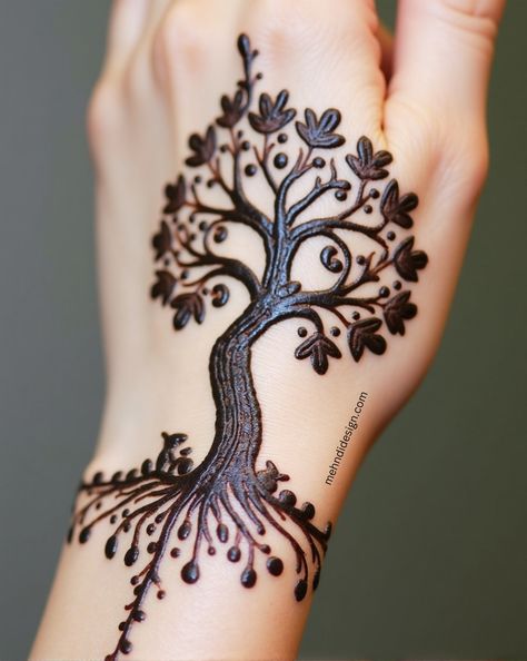 Life tree mehndi designs on the back of the hand. #mehendi #mehndiart #henna #hennadesign #lifetree #lifetreetattoo Christmas Henna Design, Tree Henna, Back Hand Mehndi Design, Hand Mehendi, Back Hand Mehndi, Hand Mehndi Design, Tree Of Life Tattoo, Life Tree, Back Hand Mehndi Designs