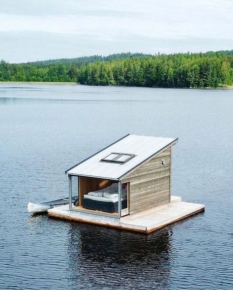 Tiny Houses on Instagram: "This is Kajakhaket at @ramoaadventurevillage - a floating cabin in the middle of Klockesjön at Ramkvilla in Småland! You can reach the cottage from the shore with a kayak or canoe 🛶 The panoramic windows gives you the most spectacular view from the bed, as the cottage rotates on the water. This small house holds a bed, table for two, an outdoor toilet and endless swimming opportunities! Dinner can be pre-ordered and delivered to the cottage! 🥂🍓 📍Ramoa Adventure Vil Floating Tiny House, Tiny House Boat, Floating Cabin, House On Water, Panoramic Windows, Glass Cabin, Outdoor Toilet, Tiny House Nation, Table For Two