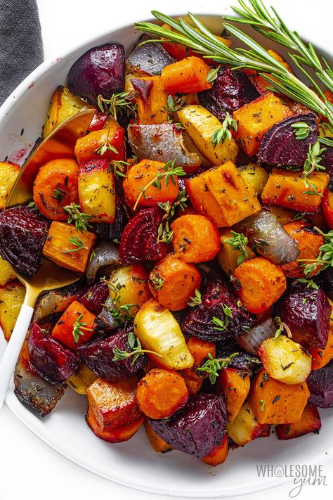 Roasted Root Vegetables - Wholesome Yum Miso Maple Roasted Root Vegetables, Roasted Vegetables Oven Thanksgiving, Baked Fall Vegetables, Maple Roasted Veggies, Roast Root Vegetables, Root Veggie Bake, Easy Roasted Veggies, Root Vegetable Medley, Foods With Ginger