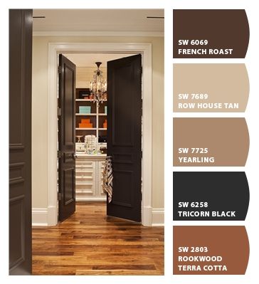 Doing this at a clients now, also painting the trim dark. Paint colors from Chip It! by Sherwin-Williams Dark Brown Front Door Paint, Brown Front Door Paint, Dark Brown Front Door, Brown Front Door, Brown Interior Doors, Interior Door Colors, Brown Front Doors, Tan Living Room, Front Door Paint