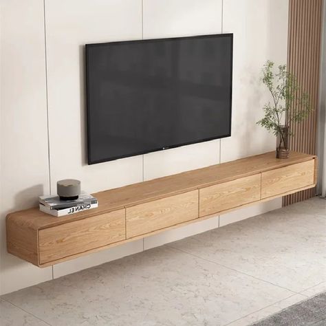 Wooden Tv Console Modern, Tv Wood Cabinet, Wooden Tv Shelf, Natural Oak Tv Stand, Floating Drawers Living Room, Japandi Living Room Tv Console, Living Room Designs With Tv Unit, Oak Floating Tv Unit, Tv 65 Inch Living Room