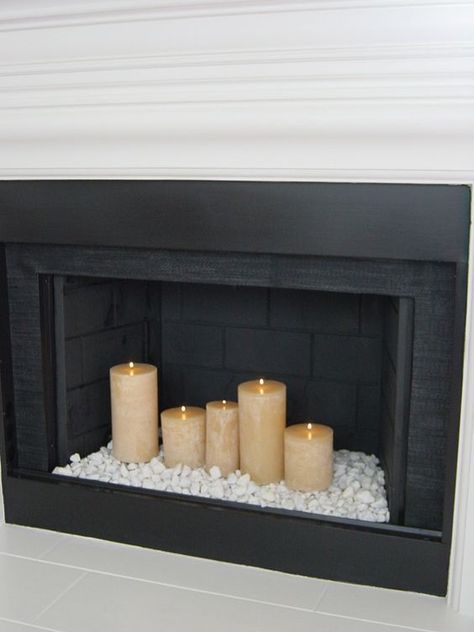 ♥♥♥♥♥ - 5 "loves". Candles in the Fireplace - especially "wood wick" candles, as they actually "Crackle". Great option if your fireplace is non functional, you have "spare the air" days as we do, or for summer time when it's just too dang hot!: Empty Fireplace Ideas, Unused Fireplace, Deco Baroque, Fake Fireplace, Candles In Fireplace, Dekor Diy, Faux Fireplace, Home Fireplace, Fireplace Makeover