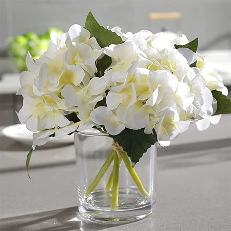 Amazon.com: GreenHouzz Artificial Flowers in Clear Glass Vase with Faux Water Silk Hydrangea Arrangement Centerpiece Decorations for Home Wedding Office Table (Cream) : Home & Kitchen Coastal Entryway Ideas, Hydrangea Flower Arrangements, Hydrangea Arrangement, Hydrangea Centerpiece, Hydrangea Arrangements, Glass Cylinder Vases, Flower Arrangement Designs, Clear Glass Vase, Faux Hydrangea