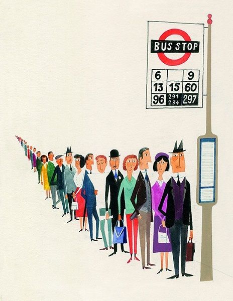 Bus Stop Sign, London Illustration, Mid Century Illustration, Stop Sign, London Bus, People Illustration, Bus Stop, Editorial Illustration, Vintage Travel Posters