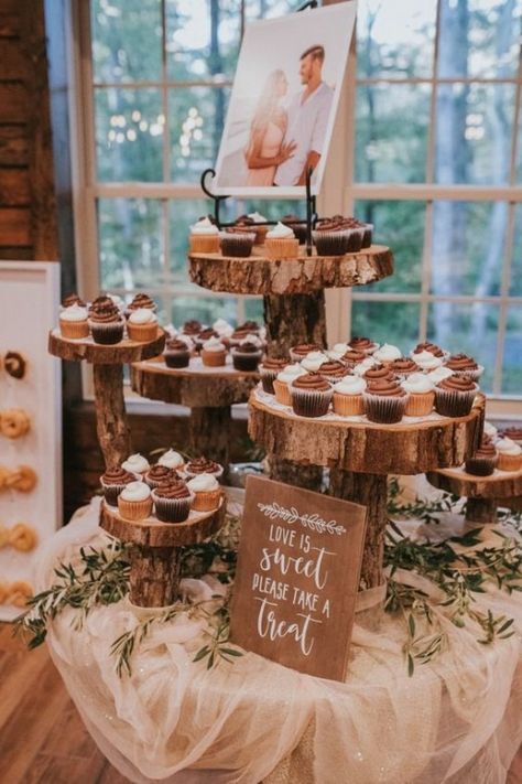 40+ Fall Wedding Ideas on a Budget We Love | HubPages Winter Wedding Decorations Rustic, Rustic Wedding Cake And Dessert Table, Boho Cake And Cupcake Display, Cupcake Wedding Ideas, Cupcake Table Wedding Rustic, Wedding Cupcake Table Decor, Cupcake Tower Wedding Rustic, Wedding Cupcakes And Cookies, Wood Slice Cupcake Stand