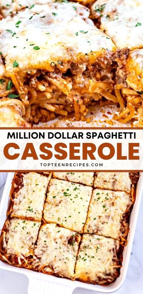 This creamy and saucy spaghetti casserole has become a media sensation, and the reason is very clear. It’s easy to make and tastes amazingly good. Pizza Spaghetti Casserole, Million Dollar Spaghetti Casserole, Spaghetti Dishes, Meat Sauces, Spaghetti Casserole Recipe, Spaghetti Pizza, Classic Lasagna Recipe, Chicken Mozzarella, Million Dollar Spaghetti