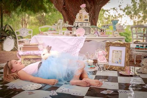 Sleeping Alice + Partyscape from an Alice in Wonderland Tea Party via Kara's Party Ideas | KarasPartyIdeas.com (4) Wonderland Photoshoot, Kids Tea Party, Alice In Wonderland Dress, Wonderland Dress, Alice In Wonderland Tea Party, Birthday Photography, Alice In Wonderland Party, Mad Hatter Tea, Wonderland Party