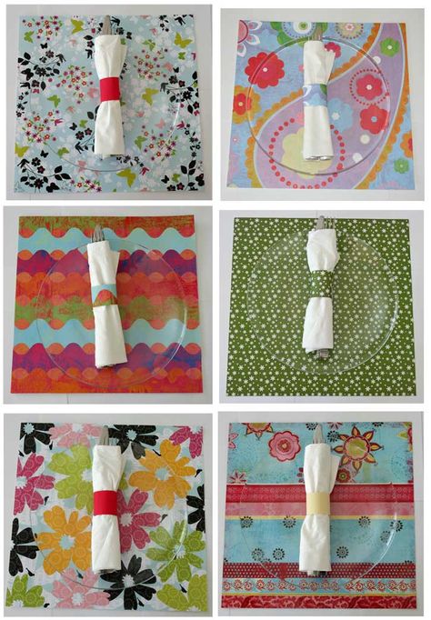 Use scrapbook paper for placemats and napkin rings. Spring Place Settings, Placemats Ideas, Diy Placemats, Paper Placemats, Tissue Paper Pom Poms, Paper Pom Poms, Paper Table, Diy Papier, Patterned Sheets