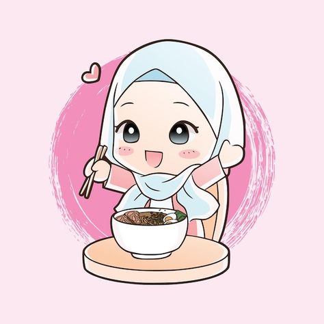 Cute moslem girl eat halal ramen noodles... | Premium Vector #Freepik #vector #logo #poster #food #card Food Dp, Eat Drawing, Muslim Stickers, Cartoons Eating, Cartoon Art Illustration, Cartoon Muslimah, Projek Diy, Cartoon Chef, Food Logo Design Inspiration