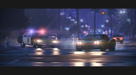 Night Chase on Behance Police Car Chase, Cyberpunk Theme, Dress Off Shoulder Long, Car Chase, Nostalgia Aesthetic, Ferrari Testarossa, Racing Art, Interesting Pictures, Chevrolet Caprice