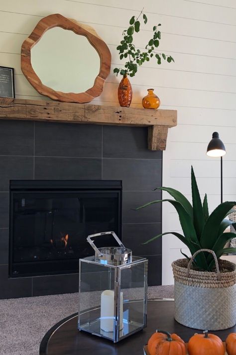 Black Tile Wood Stove, Black Matte Tile Fireplace, Black Tile And Shiplap Fireplace, Simple Fireplace Tile Ideas, Fireplace Mantle Natural Wood, Shiplap Over Tile Fireplace, Dark Tiled Fireplace, Black White And Wood Fireplace, Simple Tile Fireplace