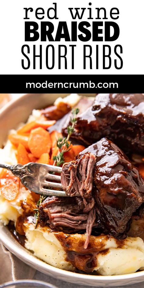 These tender red wine braised short ribs are the perfect winter dinner. They are braised low and slow in the oven with fresh thyme, garlic and red wine until they fall of the bone. Serve them with carrots and gouda mashed potatoes. Use the liquid in the pot to make an easy red wine reduction sauce. Red Wine Reduction Sauce Beef, Garlic Braised Short Ribs With Red Wine, Red Wine Beef Short Ribs Crock Pot, Red Wine Braised Short Ribs Instant Pot, Red Wine Short Ribs Slow Cooker, Red Wine Braised Short Ribs Dutch Ovens, Red Wine Braised Short Ribs Slow Cooker, Red Wine Short Ribs Recipe, Braised Short Ribs Dutch Oven