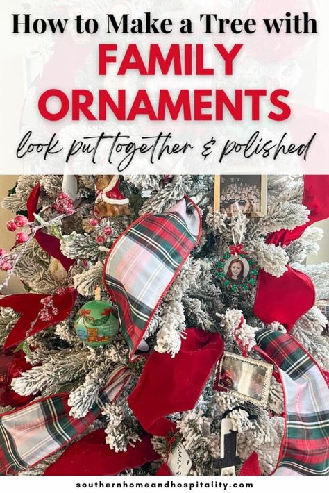 You don't have to sacrifice a pretty Christmas tree to use sentimental ornaments. These are the best tips to help that meaningful family Christmas tree look more put together and polished! Family Theme Christmas Tree, Christmas Tree With Personal Ornaments, Traditional Family Christmas Tree, Christmas Tree Decorations Traditional, Classic Christmas Tree Decorations Ideas, Family Ornament Christmas Tree, Sentimental Christmas Tree, Family Christmas Tree Ideas, Christmas Tree With Family Ornaments