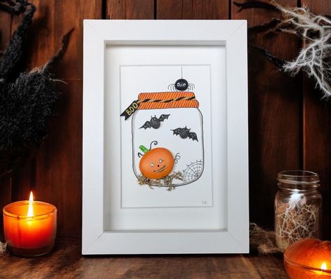 Sea Glass Pebble Art Mini Halloween Picture -  Halloween Jar Decorations Pebble Art - Pebble Halloween Pumpkin - Cute Halloween Gift Decor Halloween Bild, Jar Decorations, Sea Glass Artwork, Unique Halloween Decorations, Halloween Jars, Image Halloween, Images D'art, Halloween Gif, Jar Art