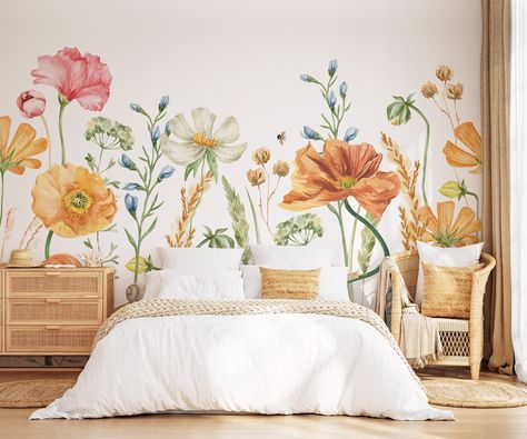 Wild Flowers Wall Mural Removable wallpaper, available in traditional paste-the-wall wallpaper and self-adhesive peel and stick wall fabric. See the information below to choose the best for your project! ✿ Available Sizes ✿ Our Murals ship in Panels, so the number of panels will depend on the area you need to cover. Each panel is 24" | 61 cm wide.  ✦ Standard Mural Sizes ✦ Mural repeats every 6 drops, let us know if you need a customised size. * Sample 24" x 11" | 61 cm x 28 cm * 2 Drops: w 48" Large Floral Wall Mural, Mural Garden, Wildflower Mural, Flowers Mural, Flowers Wall Mural, Floral Mural, Flowers Nursery, Stripped Wall, Flower Mural