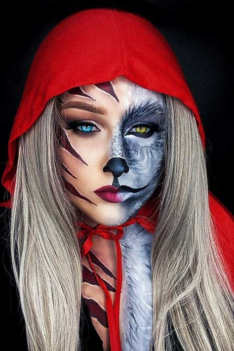 Half Face Halloween Makeup, Face Halloween Makeup, Red Riding Hood Makeup, Wolf Makeup, Beautiful Halloween Makeup, Halloween Makeup Clown, Holloween Makeup, Painting Halloween, Creepy Halloween Makeup