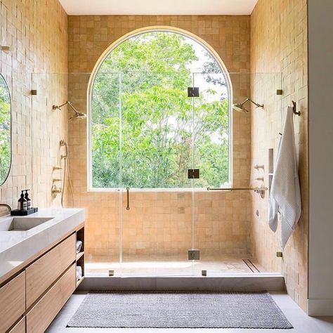 Zia Tile on Instagram: “This earthy terra cotta shower from @igworkshopinteriors is a VIBE ⚡️⚡️⚡️ Recently featured in @dominomag — our Unglazed Natural 4x4…” Bright White Paint, Wrought Iron Staircase, Arch Window, Iron Staircase, Window In Shower, Custom Headboard, Foam Panels, Aesthetic Bathroom, Bathroom Windows