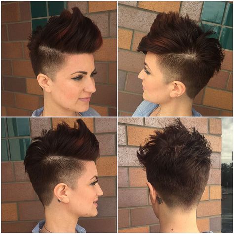 Get styling advice for this Brunette Undercut Faux Hawk Pixie with Burgundy Highlights and find other fun short hairstyles at Hairstyleology.com Faux Hawk Hairstyles, Short Shaved Hairstyles, Funky Short Hair, Hair 2018, Ombré Hair, Faux Hawk, Funky Hairstyles, 짧은 머리, Short Haircut