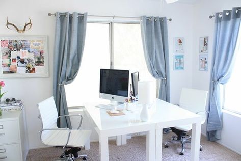 Open desks, facing each other Two Desks Facing Each Other, Desks Facing Each Other, Girl Home Office, Two Desks, Wfh Office, White Office Furniture, Cool Home Office, Office For Two, Setup Inspiration