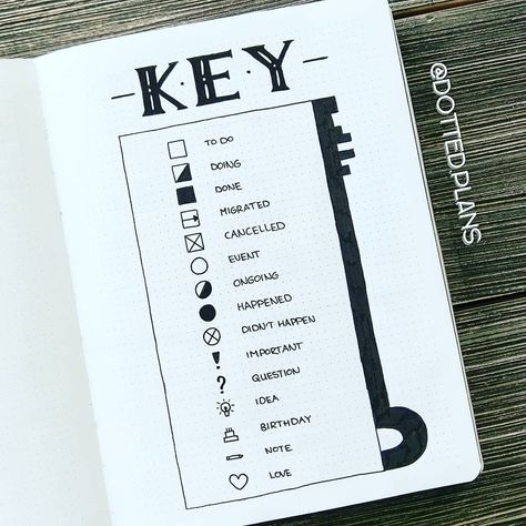 Keys are an important part of your Bullet Journal, They usually site up front or in the back for easy reference. They help you keep track of what it is exactly you want to track in your journal. Having a key essentially creates a personalized list if icons that represent priorities, or shows what has … Key Bullet Journal, Bullet Journal Daily, Bullet Journal Collections, Bullet Journal Calendar, Bullet Journal August, Journal Key, Bullet Journal September, Weekly Log, Bullet Journal For Beginners