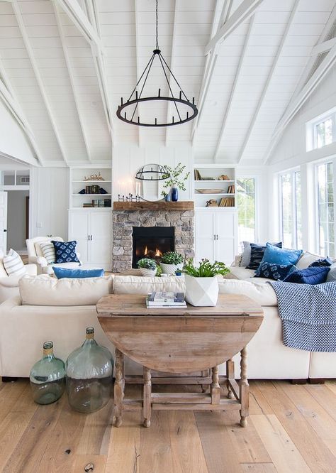 Lake house living room blue and white decor Lake House Living Room Decor, Lake House Living, Lake House Living Room, House Living Room, Coastal Living Rooms, Hus Inspiration, Blue Living Room, Style Rustique, Natural Home Decor