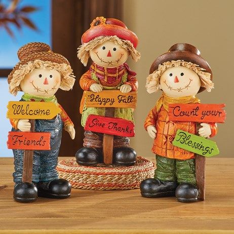 Hand-Painted Harvest Scarecrow Figurines - Set of 3 | Collections Etc. Painted Scarecrow, Scarecrow Decorations, Colorful Outfit, Pumpkin Thanksgiving, Autumn Table, Autumn Decorating, Fall Table Decor, Collections Etc, Holiday Store