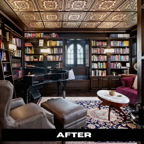 🚀 Prepare to be amazed! 🚀 Check out these before and after photos! This ordinary bedroom/home office space with a walk-in closet has been transformed into a luxurious library, complete with a private office area, wall-to-wall dark wood bookshelves, a gold-tiled ceiling, wooden shutters, and even a rolling ladder! 📚✨⁠ ⁠ Huge shoutout to Danielle for the incredible design! 🙌 If you're looking to turn an ordinary room into an extraordinary space, contact us!⁠ ⁠ #EpicTransformation #BeforeAndAfte... Dark Wood Bookshelves, Library Music Room, Tiled Ceiling, Luxurious Library, Rolling Ladder, Wood Bookshelves, Office Area, Wooden Shutters, Private Office