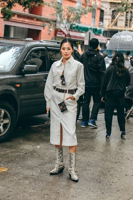 Tibi White Shirt Dress with Cowboy Boots Tee Shirt Dress With Cowboy Boots, Tshirt Dress Cowboy Boots Outfit, Oversized Shirt With Cowboy Boots, Tshirt Dress With Cowgirl Boots, T Shirt Dress Cowboy Boots, Snakeskin Cowboy Boots, Fall Dressy, Dresses With Cowboy Boots, Cowboy Outfits