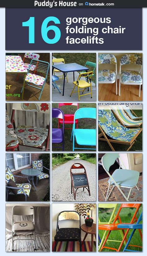 Folding Chair Makeovers - Puddy's House on Hometalk Repurpose Folding Chairs, Kids Folding Table, Painted Folding Chairs, Folding Chair Makeover, Big Comfy Chair, Metal Folding Chairs, Chair Redo, Garden Diy Ideas, Folding Chairs