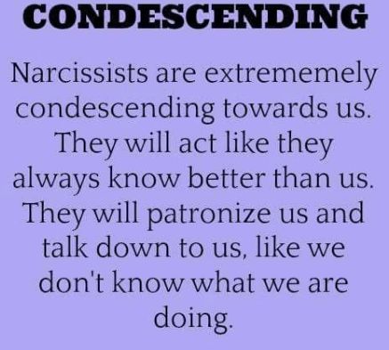 Condescending some people are real experts at it and unfortunately do it often... so often, I'm not sure they are even aware that they are doing it.. so common place, everyday it's expected. Narcissism Quotes, Narcissism Relationships, Narcissistic People, Narcissistic Mother, Narcissistic Parent, Narcissistic Behavior, Psychology Facts, Toxic Relationships, Narcissism