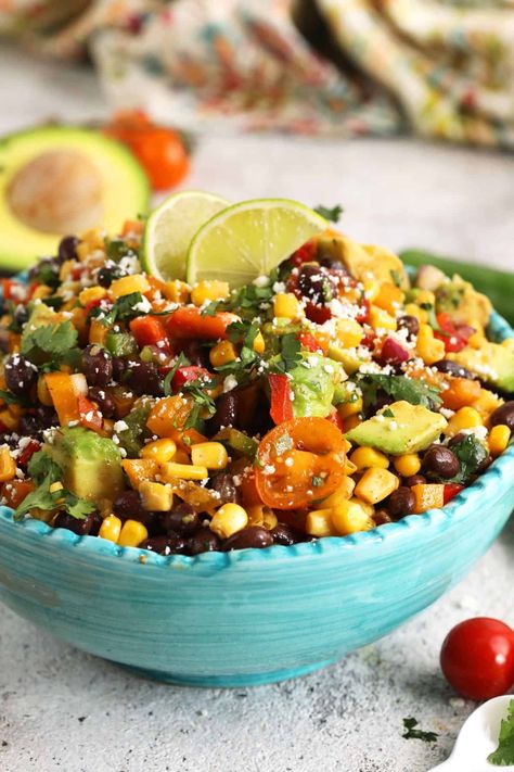 Black Bean and Corn Salad Bean And Corn Salad, Honey Lime Vinaigrette, Broccoli Cauliflower Salad, Gluten Free Cookbooks, Three Bean Salad, Spicy Salad, Black Bean Salad, Lime Vinaigrette, Broccoli Cauliflower