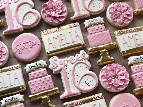 Pink Sweet 16 Cookies, Sweet 16 Cookies Decorated Rose Gold, Sweet 16 Decorated Cookies, Sweet 16 Cookies Decorated, Sweet Sixteen Cookies, Sweet 16 Food Ideas, Sweet 16 Cookies, Quinceanera Masquerade, 16 Cookies