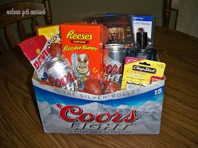 Really good idea for a teen, minus the beer. Sub with their favorite soda or other kind of drink! Beer Basket Ideas For Men, Mens Easter Basket, Beer Basket, Busch Light, Light Party, Easter Time, Hoppy Easter, Easter Fun, Basket Ideas