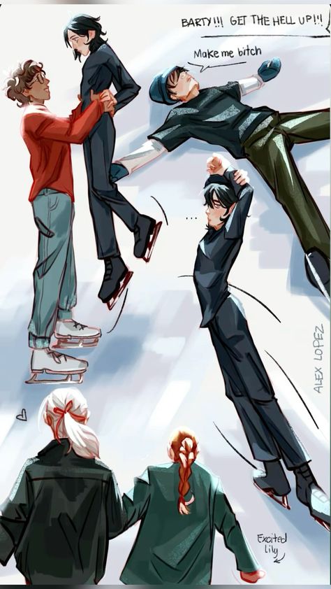 marauders era ice skating au fan art + jegulus Marauders Harry Potter, Orion Black, Barty Crouch, Harry Hermione, Marauders Fan Art, Gay Harry Potter, Harry Potter Comics, Harry Potter Ships, Harry Potter Tumblr