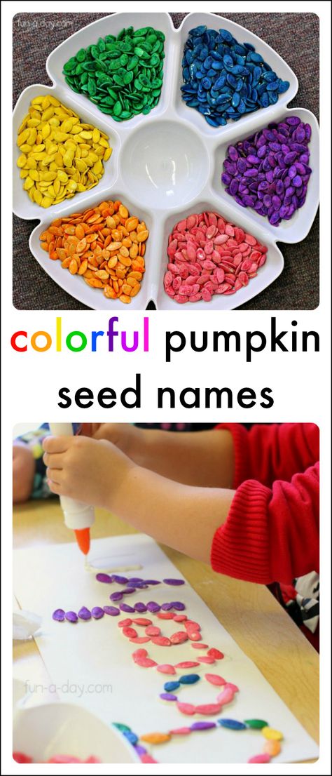 Rainbow pumpkin seeds name activities for kids to try today October Activities, Fall Preschool Activities, Pumpkin Activities, Name Activities, Halloween Preschool, Fall Preschool, Pumpkin Seed, Pumpkin Colors, Thanksgiving Activities