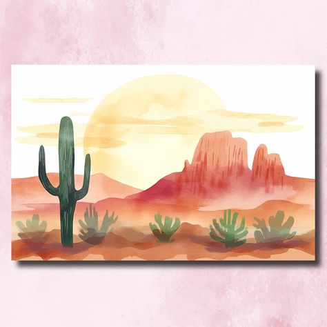 Experience the enchanting beauty of southwest decor with our Minimalist Sonoran Desert Sunset Cactus Wall Art Print. This captivating watercolor desert wall art showcases the iconic Sonoran desert landscape, featuring a majestic Saguaro cactus against a breathtaking sunset backdrop. With its vibrant colors and intricate details, this artwork captures the essence of the Southwest and brings a touch of nature-inspired beauty to your space. Perfect as an Arizona Poster gift or for adding a Southwestern Decor Canvas Print to your home, this sunset art is a true gem. Embrace the allure of the desert with our Desert Saguaro Cactus Sunset Wall Art Print and infuse your space with the warmth and spirit of the Southwest. Enhance your western decor with this stunning piece that celebrates the beauty Watercolor Arizona Landscape, Watercolor Sunsets, Sonoran Desert Landscape, Arizona Poster, Desert Watercolor, Sunset Cactus, Southwestern Landscape, Cactus Sunset, Sunset Backdrop