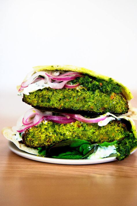 Falafel Burgers (Vegetarian, Broiled) | Alexandra's Kitchen Burgers Vegetarian, Falafel Burger, Falafel Burgers, Mushroom Quinoa, Vegan Egg Replacement, Peasant Bread, Tzatziki Recipes, Quick Pickled Onions, Dry Chickpeas