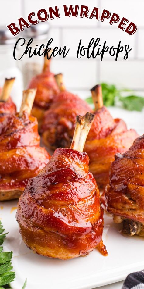 Bacon Wrapped Chicken Lollipops, Grilled Chicken Wrapped In Bacon, Baked Chicken Lollipops Recipe, Bacon Wrapped Chicken Legs Oven, Chicken Lollypop Recipes, Drumstick Lollipops Oven, Lolly Pop Chicken, Chicken Drumstick Lollipop Recipes, Chicken Lolipop Recipes