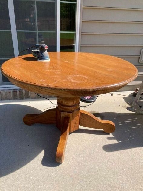 Dining Table Make Over | Hometalk Round Dining Table Refinish, Painted Pedestal Dining Table, Kitchen Table Colors Painted, Kitchen And Dining Room Color Ideas, Round Painted Table, Kitchen Table Flip, Painted Kitchen Table Ideas, Redo Dining Table, Paint Kitchen Tables