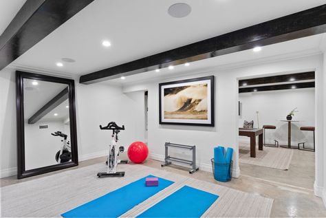 Basement Gym And Family Room, Finishing A Basement, Finish A Basement, Dream Basement, Sleek Decor, Basement Finishing, Basement Gym, Los Angeles Real Estate, Basement House