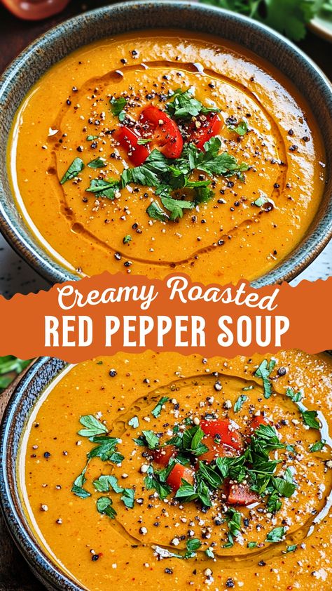 Warm up your day with this delightful Creamy Roasted Red Pepper Soup! Featuring sweet, smoky roasted peppers blended to perfection with a hint of creaminess, this soup is not only comforting but also packed with flavor. Perfect for chilly evenings or quick lunches, save this recipe for a cozy meal that everyone will love! Potato Pepper Soup, Red Pepper Carrot Soup, Roasted Red Pepper Soup Crock Pot, Roasted Red Pepper Bisque Soup, Red Pepper Gouda Soup Slow Cooker, Roast Red Pepper Soup, Roasted Bell Pepper Soup, Red Pepper Bisque Soup, Roasted Red Pepper Soup Recipe