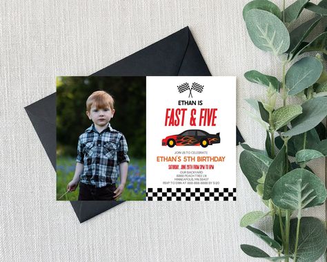 Fast and Five Race Car Custom Picture Photo 5th Birthday Party Invitation | Red Fifth Birthday Party Invite | Editable Invite by PerfectPartyDigital on Etsy 5th Birthday Party Ideas, Race Car Birthday Party, Race Car Birthday, Birthday Party Invite, Cars Birthday Parties, Fourth Birthday, 6th Birthday Parties, Cars Birthday, 4th Birthday Parties