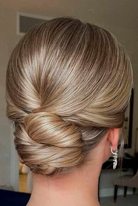 Swept Back Wedding Hairstyles For Your Special Bride Look ★ Low Bun Hair Piece, Low Simple Bun Wedding, Modern Low Bun Wedding, Grace Kelly Wedding Hair, Wedding Hair Updo Classic, Low Chignon Bun Wedding, Bridal Hair Classic Low Buns, Bridal Updos For Long Hair Front View, Classy Bridal Hairstyles