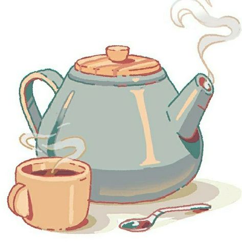 Tea Steam Illustration, Tea Profile Picture, Drawing Tea Cup, Cute Teapot Drawing, Tea Kettle Illustration, Tea Drawing Aesthetic, Teapot Reference, Tea Set Drawing, Tea Art Drawing