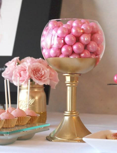 A thrift-store glass bowl got a whole new life when attached to a candlestick {another thrift store find!} and painted it with liquid gold leaf Sparkle Bottle, Pink Gold Party, Gold Graduation Party, Gold Candy, Sparkle Party, Party Deco, Golden Birthday, Gold Baby Showers, Baby Shower Princess