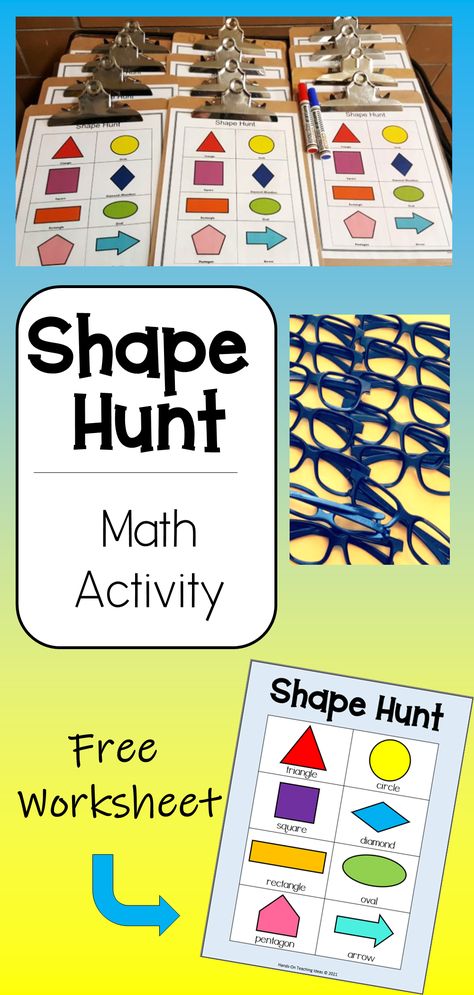 A collection of Shape Hunt sheets are printed and attached to clipboards.  Play glasses and a picture of the free worksheet is shown. Shape Activities For Prek, Shape Hunt Kindergarten, Hands On Shape Activities Kindergarten, Shapes Preschool Activities, Shape Hunt, Kindergarten Shapes, Art Stations, Shape Activities Kindergarten, Learning Outside