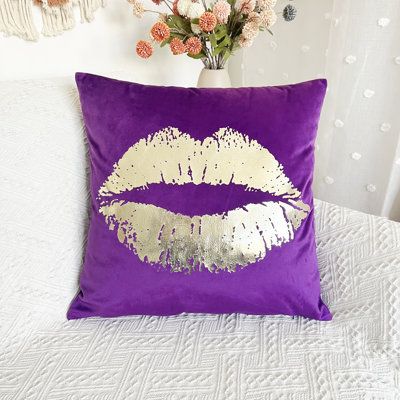 Accentuate your living room with these gold print contemporary accent pillow covers. These pillows each feature a trendy lips print on a velvet cover for a plush, comfortable feel. The removable cover has a zipper closure, making it easy to spot-clean and maintain. With its knife-edge finish, this pillow offers a clean, contemporary look that complements a variety of decor styles. Decor Ur Space Size: 20" x 20", Color/Pattern: Purple | Decor Ur Space Solid Lips Gold Pillow Cover Set Of 2 18.0 H Gold Pillow Covers, Gold Pillow, Purple Bedrooms, Black Throw Pillows, Cozy Dog Bed, Purple Decor, Gold Pillows, Colour Pattern, Harvest Decorations