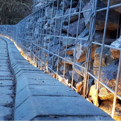 ARConstruction on Instagram: “New driveway with gabion walls and LED back lighting strips. Green granite stone #construction #driveway #gabionwall #striplighting…” Gabion Wall With Lights, Gabion Wall Lighting, Retaining Wall Lighting, Gabion Walls, Fence Lights, Stone Construction, Back Lighting, Driveway Lighting, Green Granite