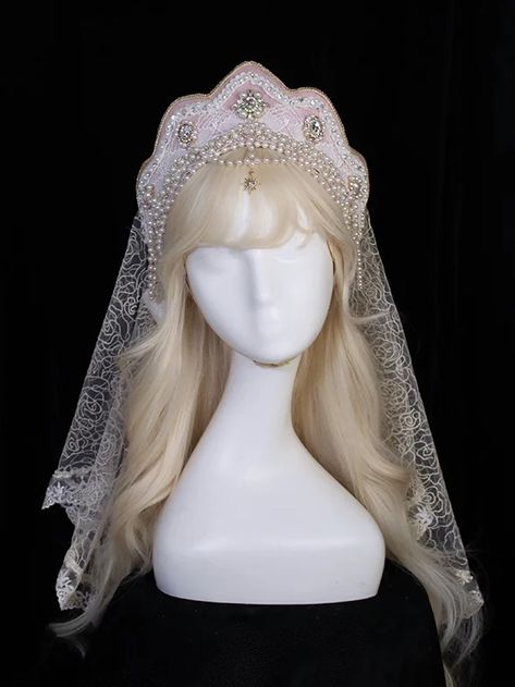 Dark Blue Crown, Crown With Veil, Veiled Girl, Era Victoria, Pink Crown, Blue Crown, Classic Lolita, Headpiece Jewelry, Hair Reference