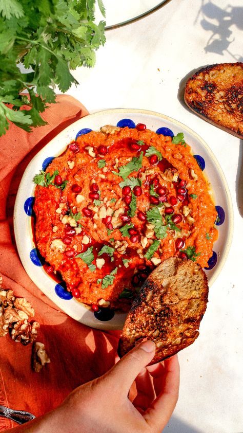 Muhammara: A Tangy Roasted Red Pepper and Walnut Dip — Lahb Co. Eats Hummus Recipe Red Pepper, Red Pepper Hummus Recipe Without Tahini, Homemade Roasted Red Pepper Hummus, Red Pepper Hummus Recipe, Roast Red Pepper Hummus, Vegetarian Dip, Winter Dinner Party, Spicy Dip, Healthy Plant Based Recipes